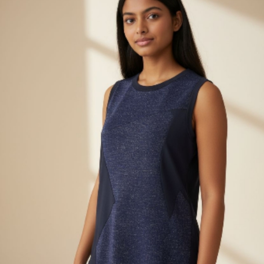 MNG Casual Navy Blue Black and Gold Lurex Casual Dress. Large.